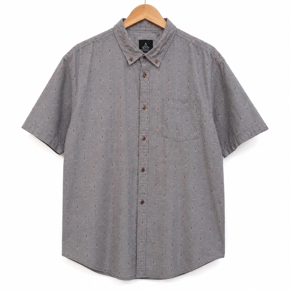 Prana Mens Gray Dash Print Short Sleeve Button Down Shirt XXL M11170310